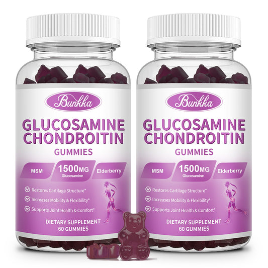 Bunkka 2 Pack Glucosamine Chondroitin Gummies Extra Strength w/MSM,Elderberry,Hyaluronic Acid-Chewable Joint Support Supplement for Women,Men,Adults-Antioxidant Support for Joint Comfort & Mobility